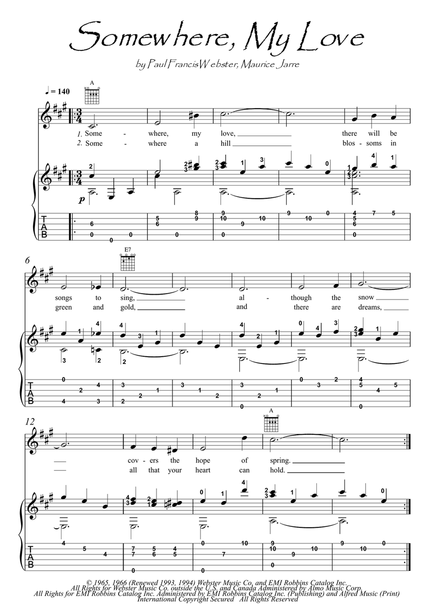 Somewhere, My Love Somewhere, My Love Acoustic Guitar scores gallery preview page 1