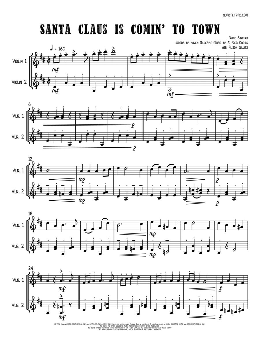 Santa Claus Is Comin' To Town String Duet scores gallery preview page 1