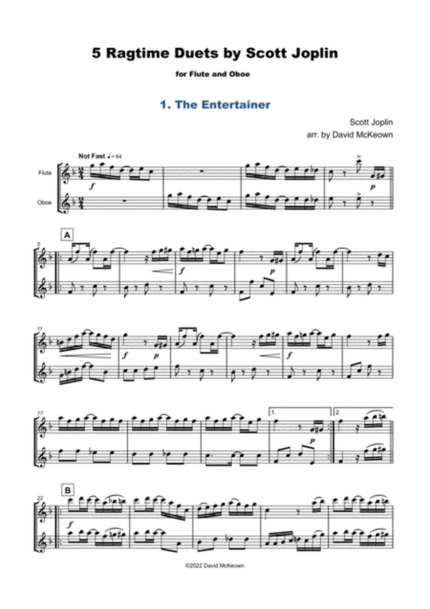 Five Ragtime Duets by Scott Joplin for Flute and Oboe