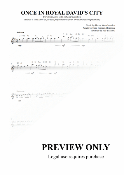 Once in Royal David's City - Lead Sheet or Solo for higher-pitched, treble-clef instrument (G Major)