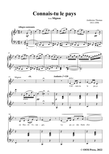 A. Thomas-Connais-tu le pays,from Mignon,in B flat Major,for Voice and Piano image number null
