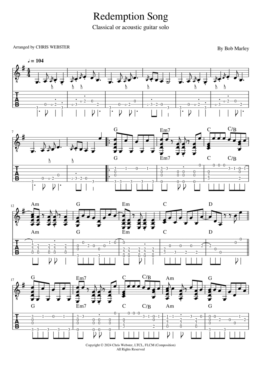 Redemption Song Guitar Tablature scores gallery preview page 1
