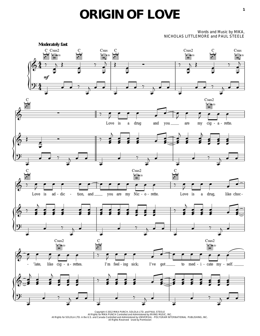 Origin Of Love Origin Of Love Piano, Vocal, Guitar scores gallery preview page 1