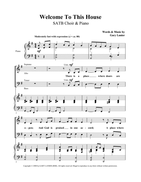 WELCOME TO THIS HOUSE - SATB Choir & Piano, plus Welcome Chorus (Score and Parts included) image number null