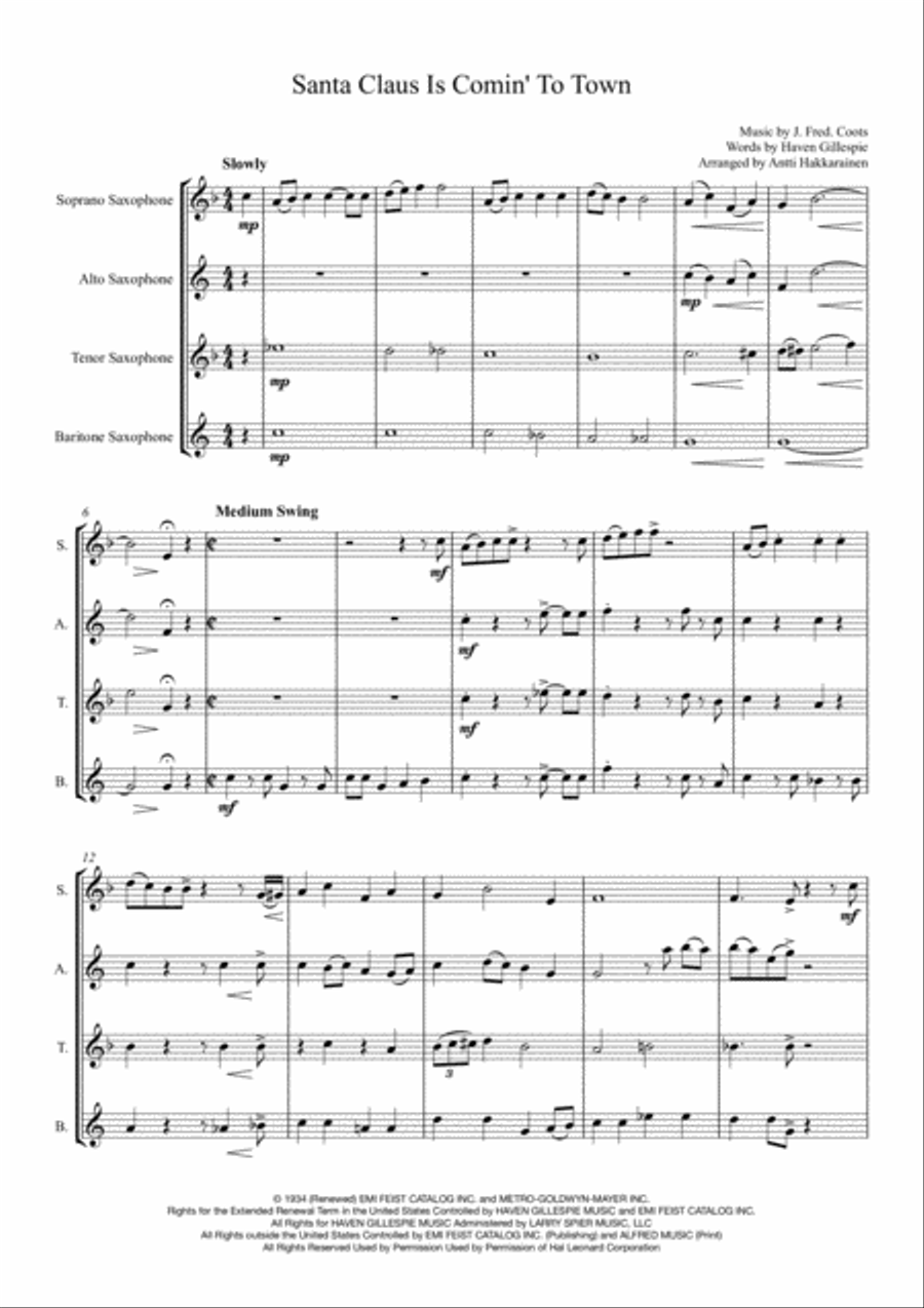 Santa Claus Is Comin' To Town Santa Claus Is Comin' To Town Saxophone Quartet scores gallery preview page 2