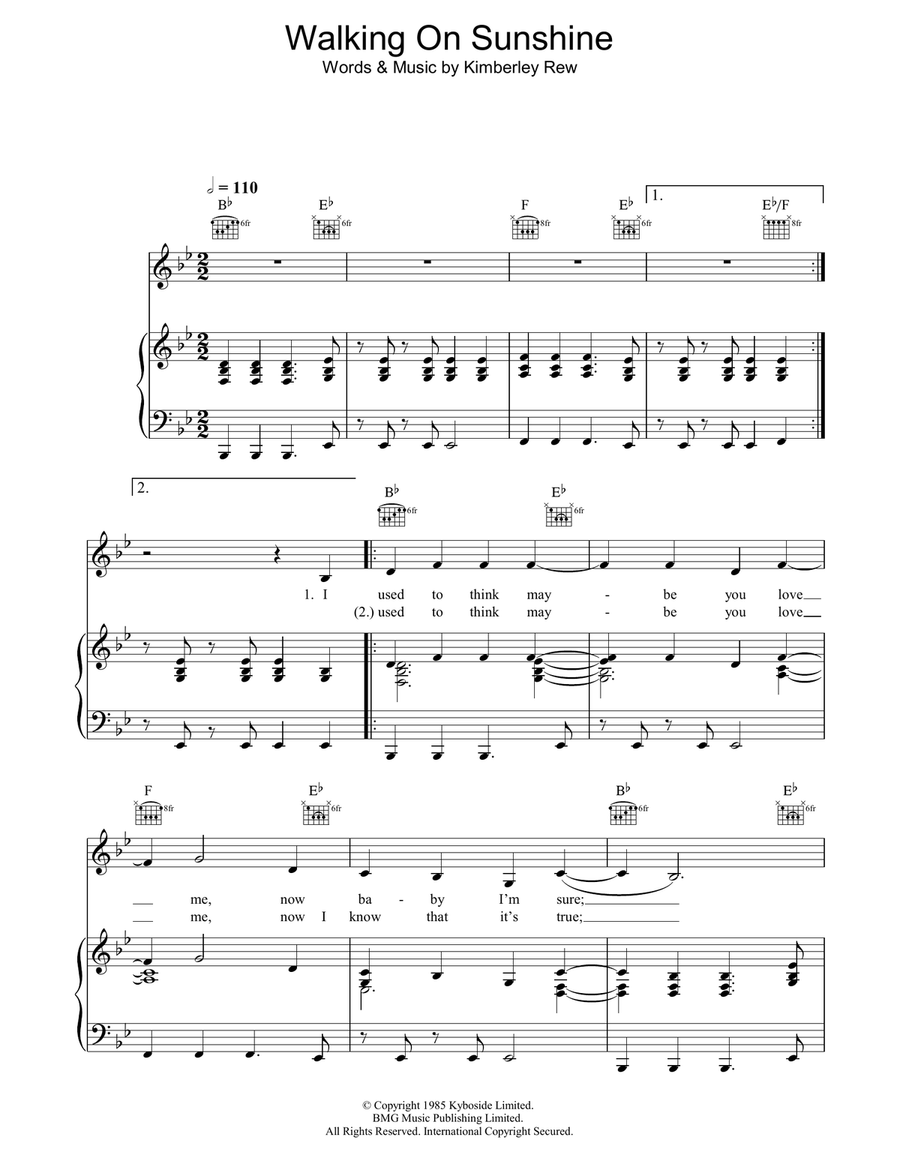 Walking On Sunshine Walking On Sunshine Piano, Vocal, Guitar scores gallery preview page 1