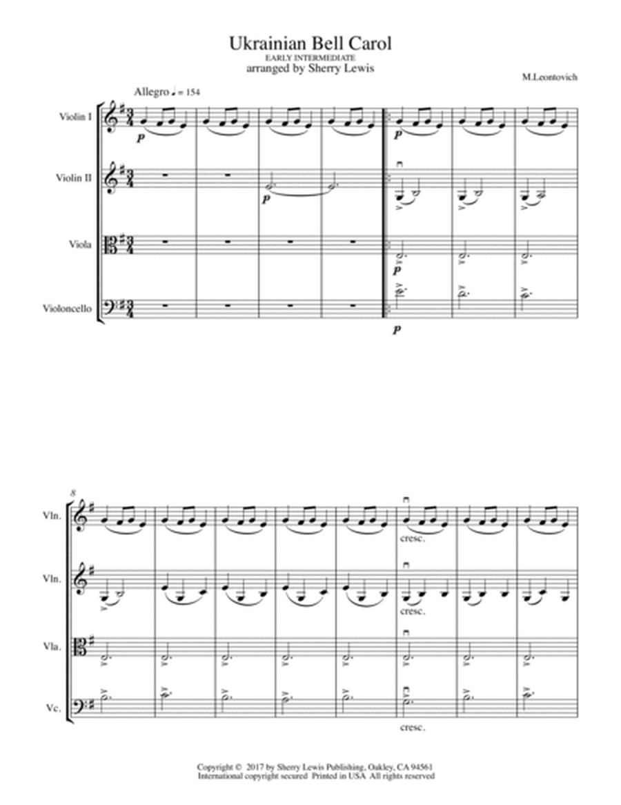 UKRAINIAN BELL CAROL (Carol of the Bells) - Early Intermediate - STRING QUARTET of 2 violins, viola image number null