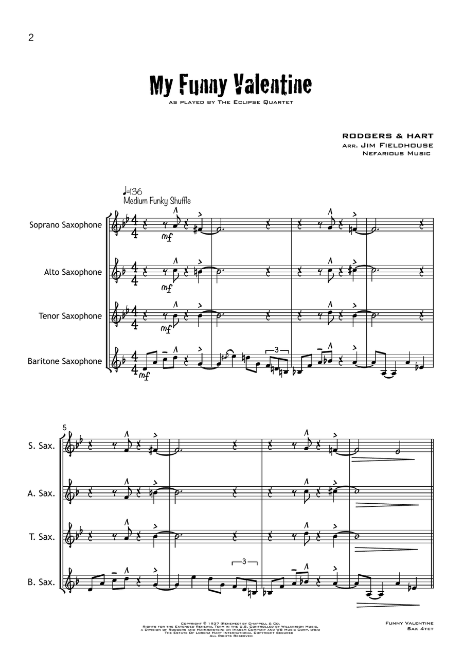 My Funny Valentine Saxophone Quartet scores gallery preview page 2