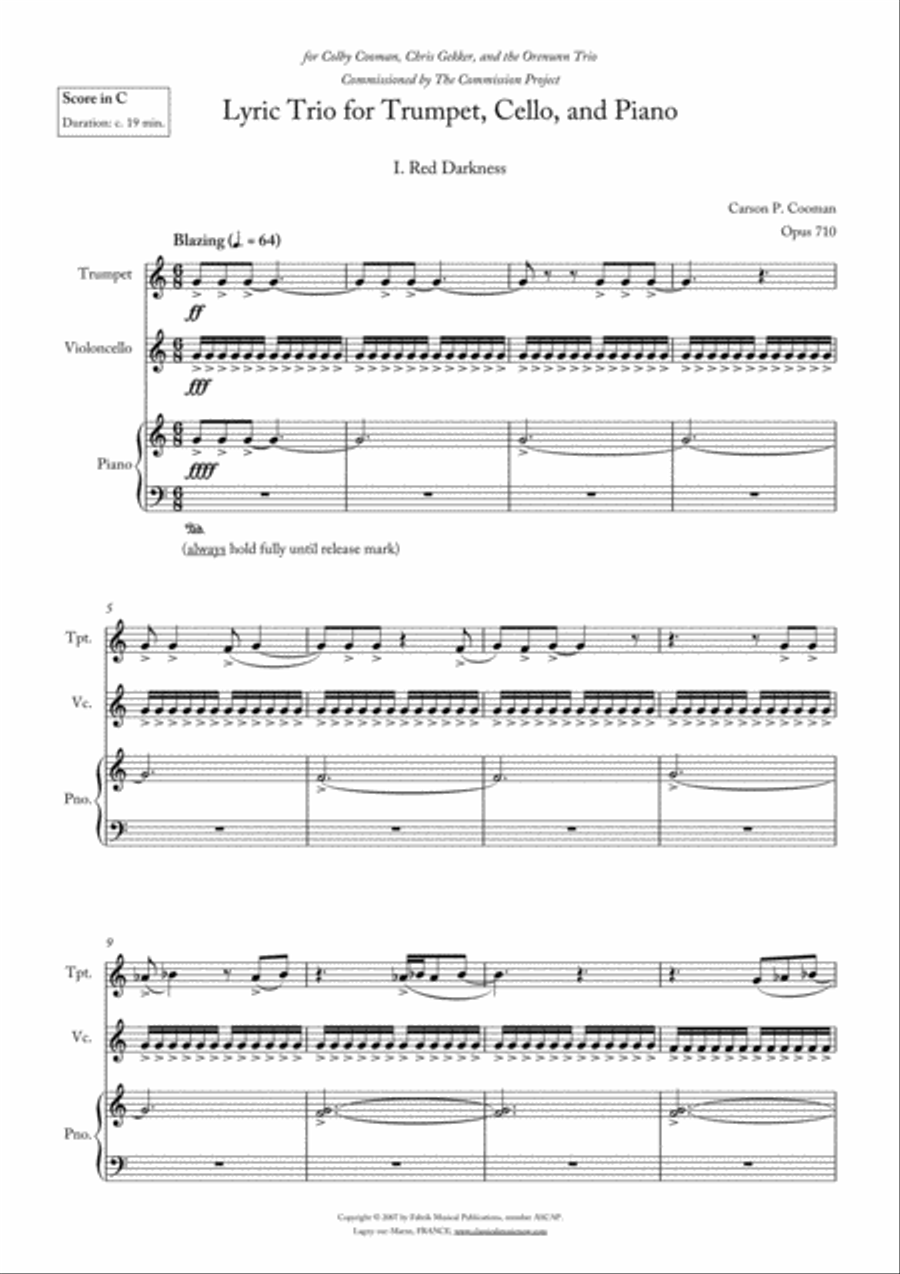 Carson Cooman: Lyric Trio for trumpet, violoncello and piano