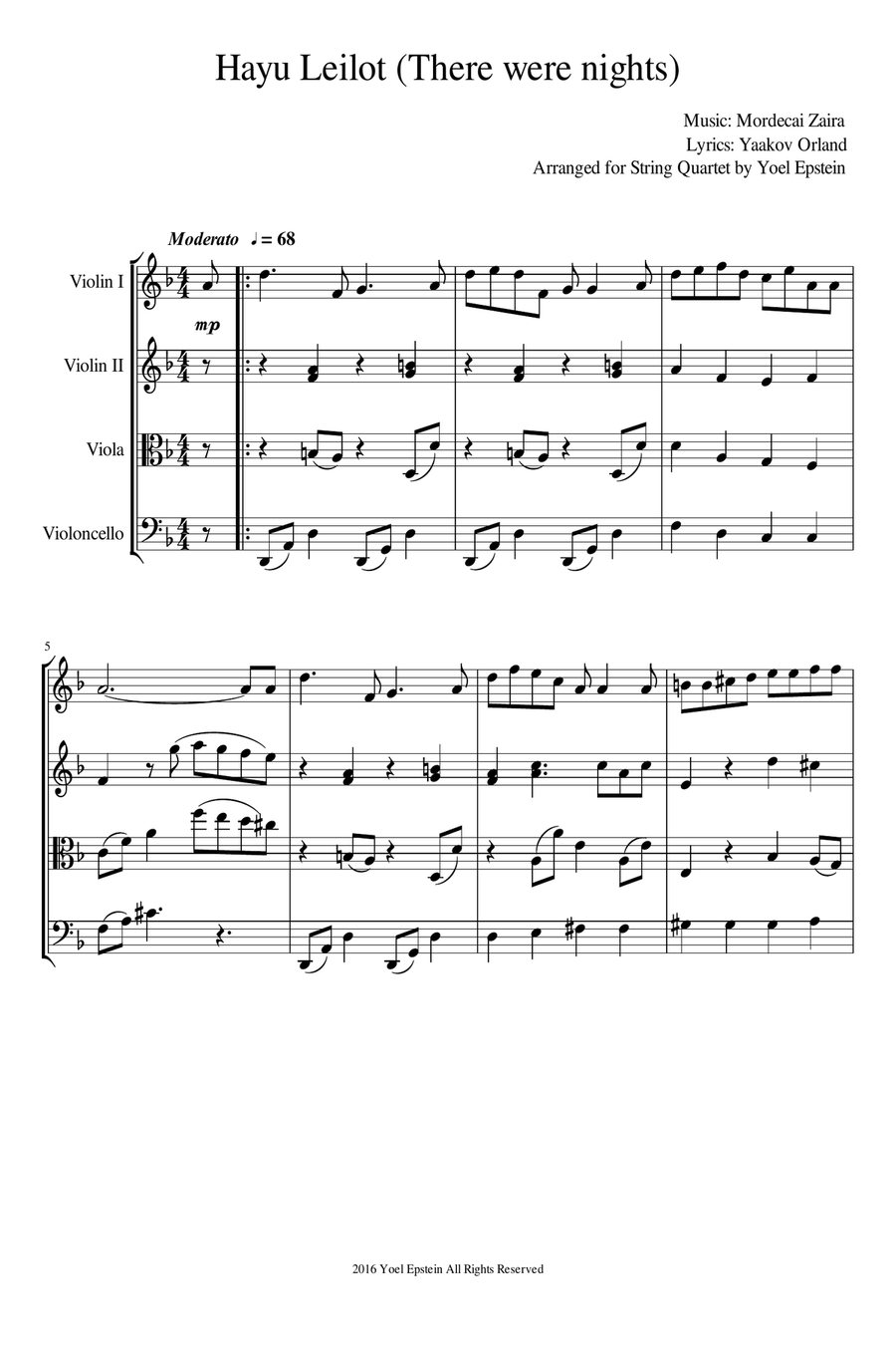 Hayu Leilot - Israeli folksong for string quartet String Quartet scores gallery preview page 4