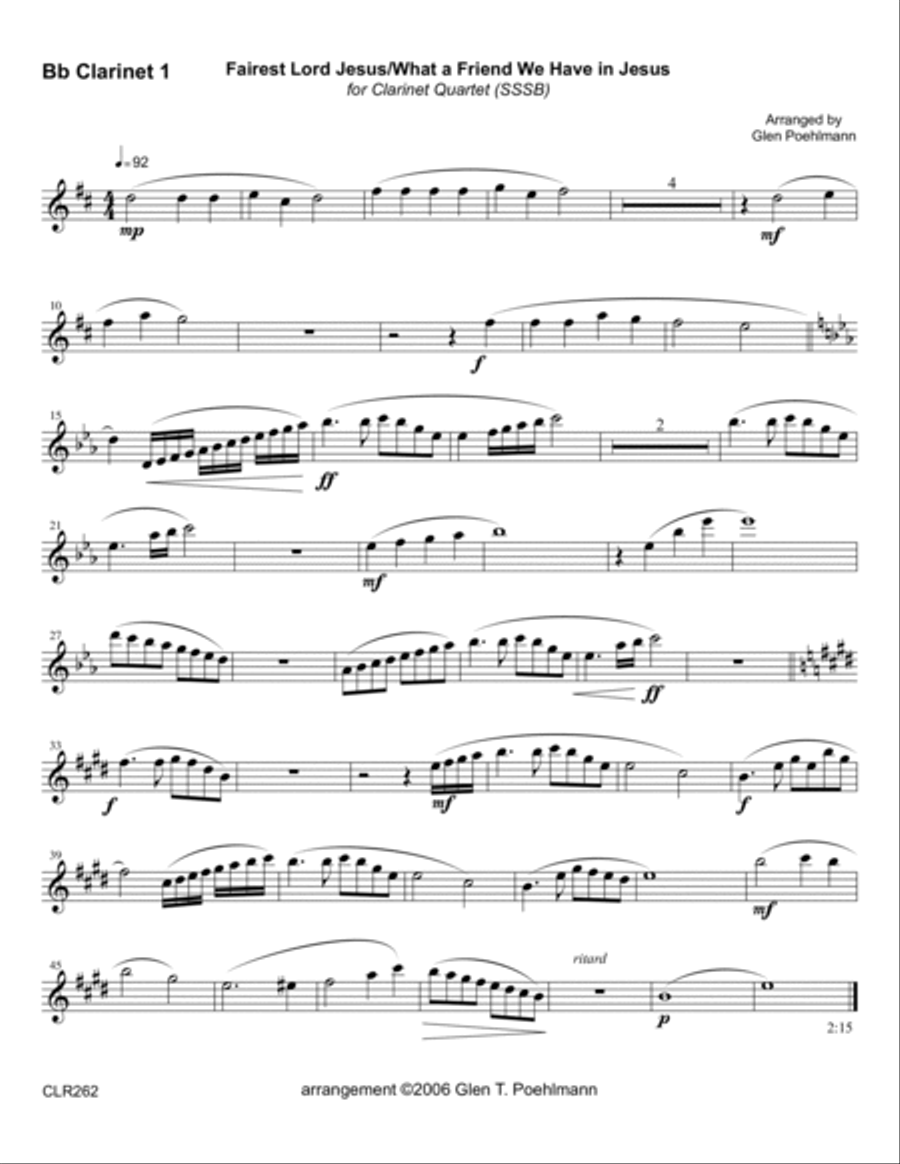 FAIREST LORD JESUS/WHAT A FRIEND WE HAVE IN JESUS - CLARINET QUARTET (unaccompanied) Clarinet Quartet scores gallery preview page 4