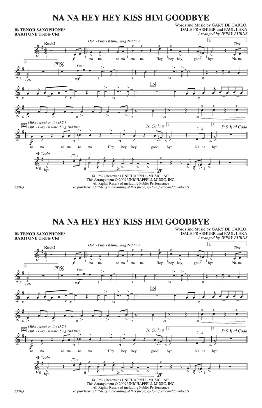 Na Na Hey Hey Kiss Him Goodbye: Bb Tenor Saxophone/Bartione Treble Clef