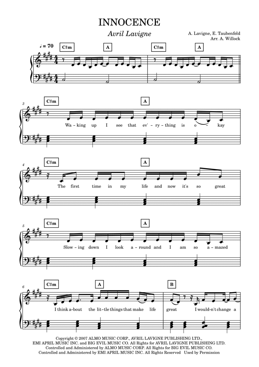 Innocence Piano, Vocal, Guitar scores gallery preview page 1