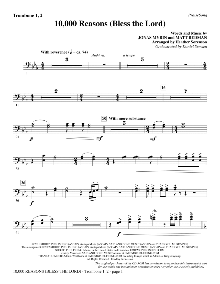 10,000 Reasons (Bless The Lord) - Trombone 1 & 2 Choir scores gallery preview page 1