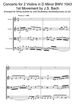 Bach: Double Violin Concerto in D Minor BWV 1043 (1st Movement) for String Quartet - Score and Parts