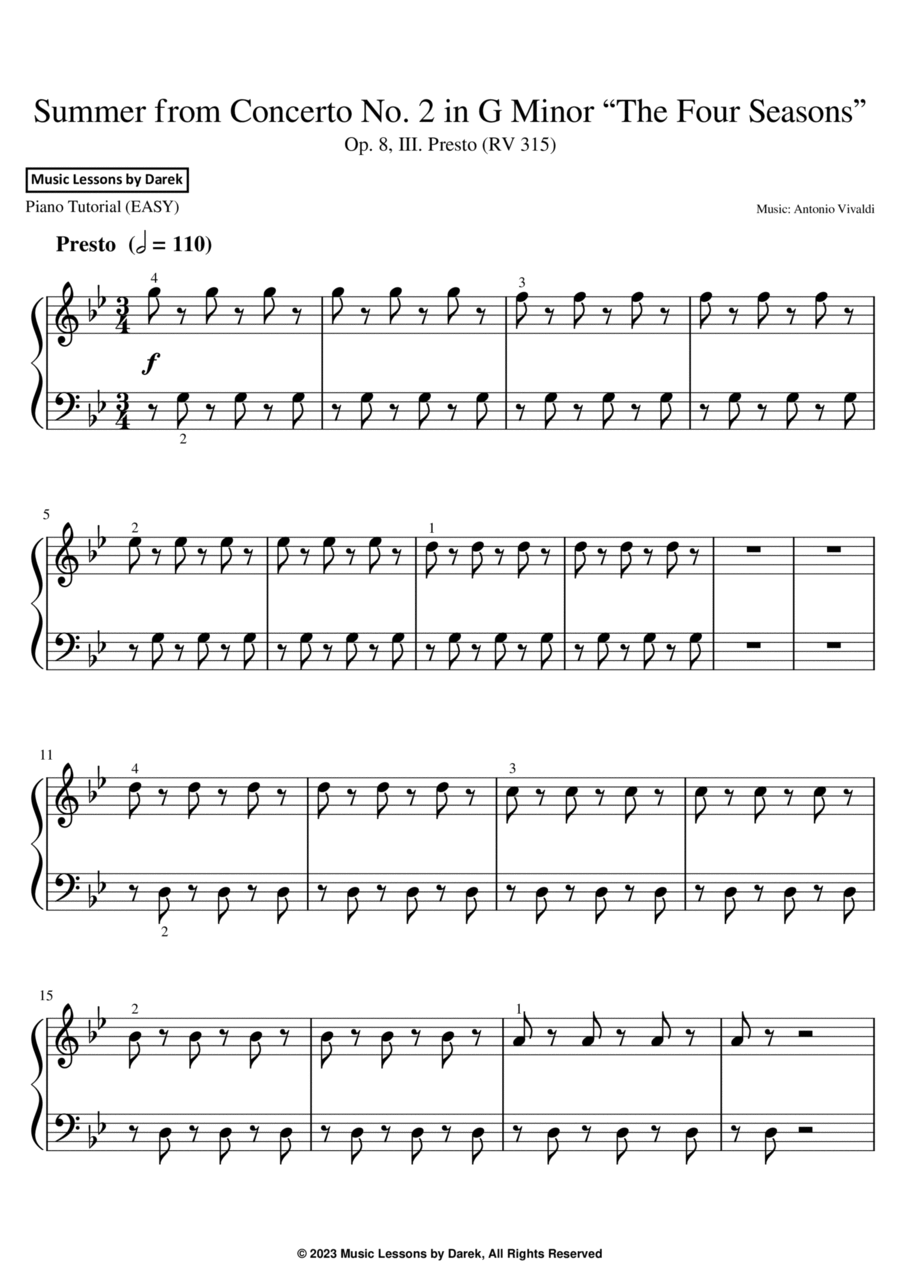 Summer from Concerto No. 2 in G Minor “The Four Seasons” (EASY PIANO) Op. 8, III. Presto (RV 315) Easy Piano scores gallery preview page 1