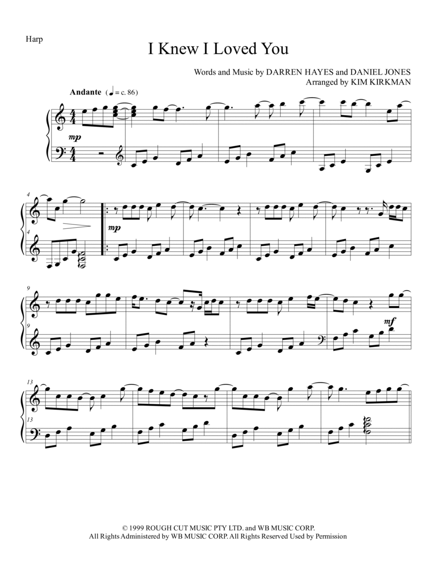 I Knew I Loved You Harp scores gallery preview page 1