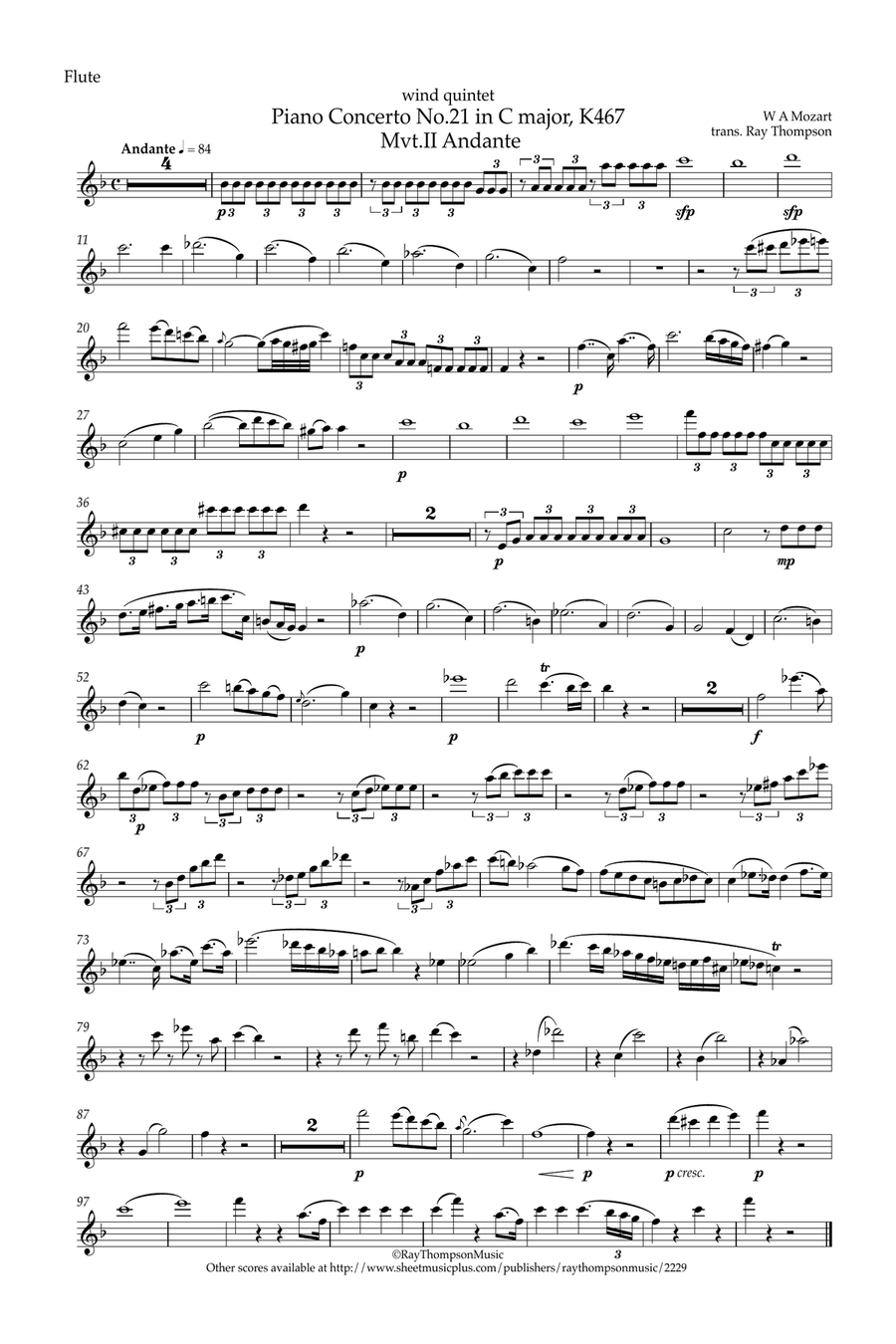 Mozart: Piano Concerto No.21 in C “Elvira Madigan” K467 Mvt.II Andante - wind quintet Woodwind Quintet scores gallery preview page 6