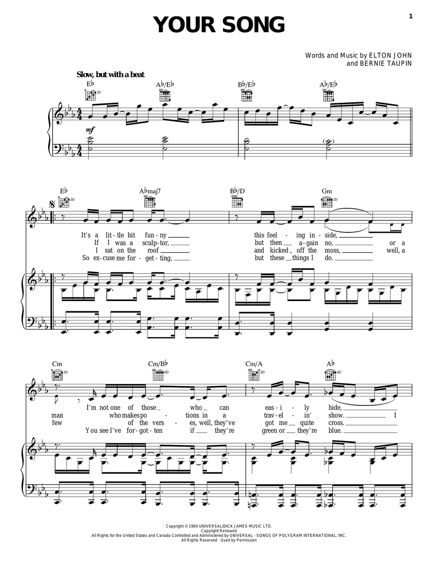 Your Song Your Song Piano, Vocal, Guitar scores gallery preview page 1
