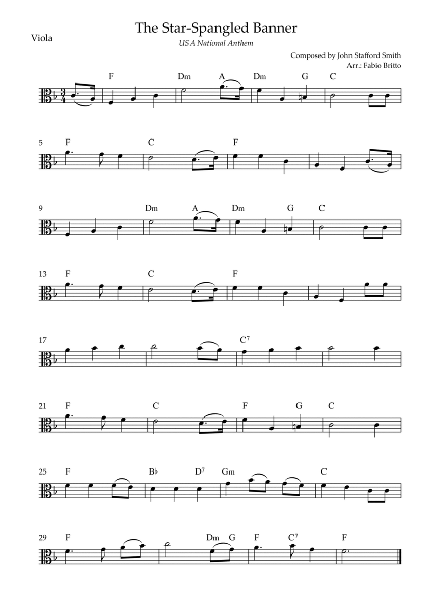 The Star Spangled Banner (USA National Anthem) for Viola Solo with Chords (F Major)