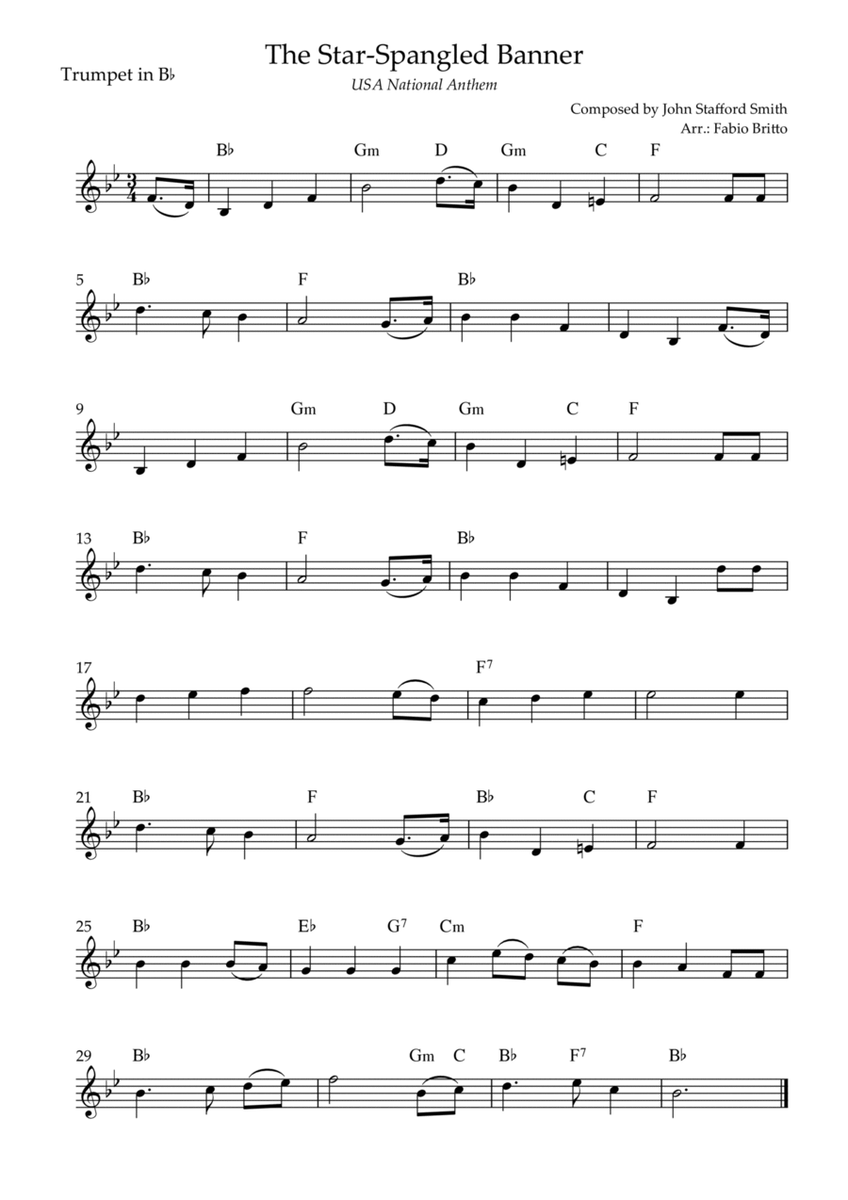 The Star Spangled Banner (USA National Anthem) for Trumpet in Bb Solo with Chords (Ab Major)