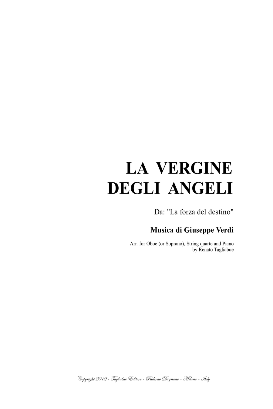 LA VERGINE DEGLI ANGELI - G.Verdi - Arr. for Oboe (or Soprano), String quartet and Piano/Organ Small Ensemble scores gallery preview page 1