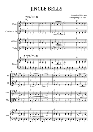 Jingle Bells in A (Flute, Clarinet Bb, Violin, Viola + Piano accomp)