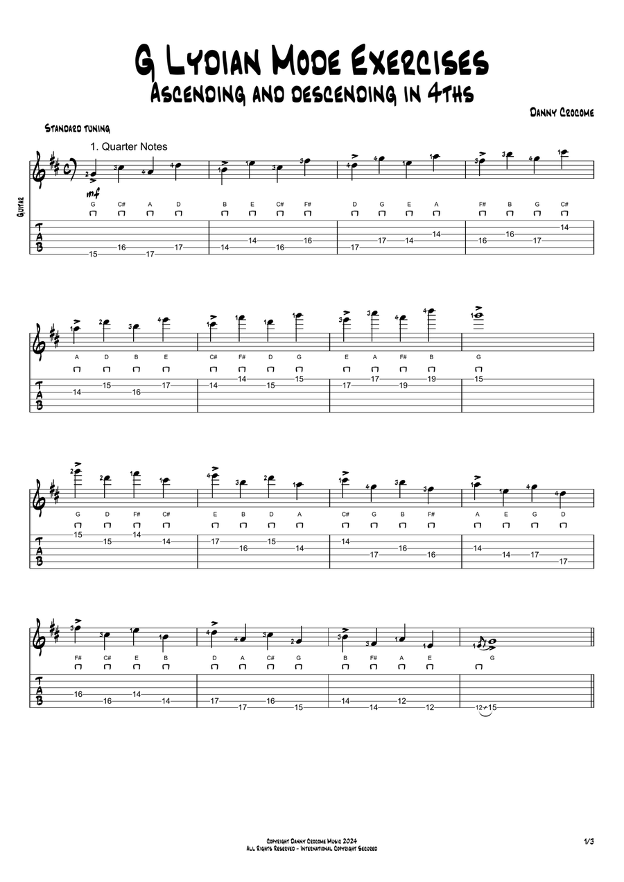 G Lydian Mode Exercises - Ascending and Descending in 4ths Acoustic Guitar scores gallery preview page 1