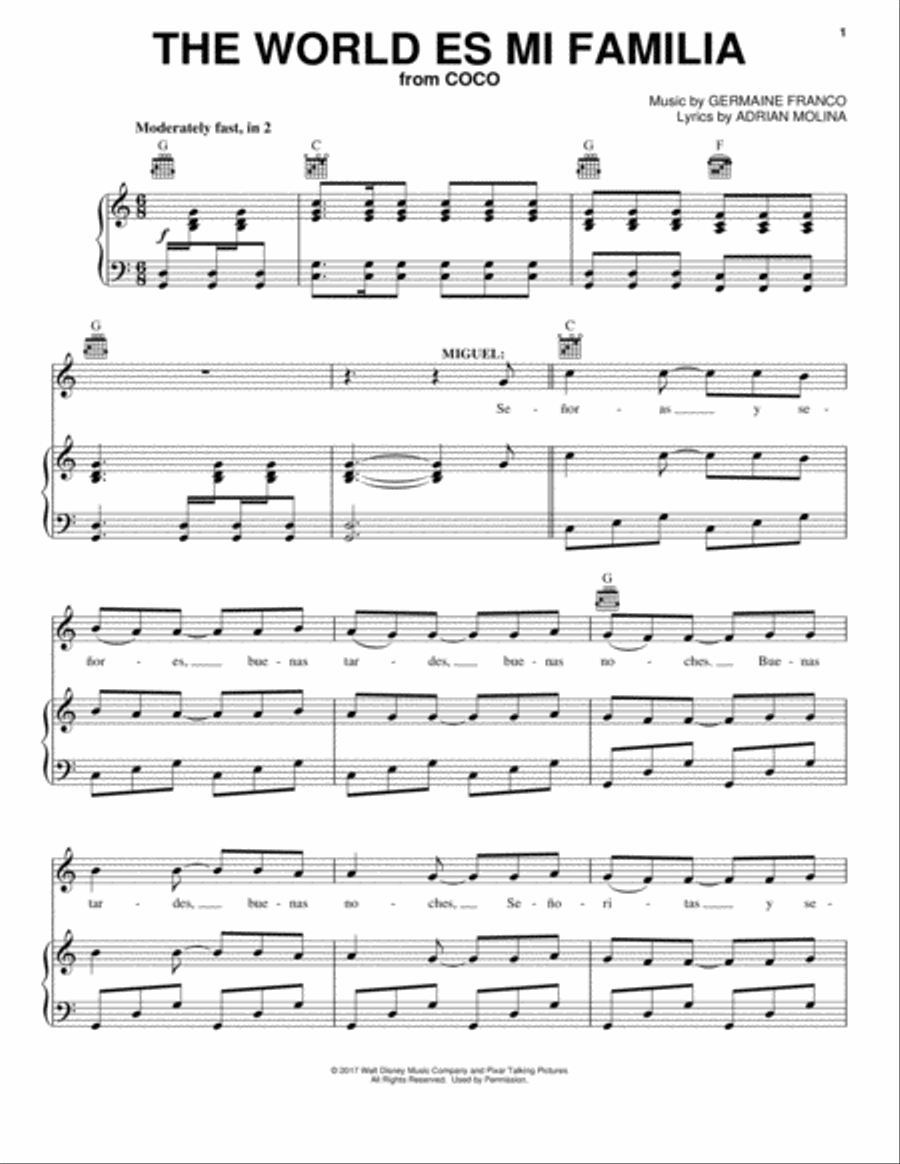 The World Es Mi Familia (from Coco) Piano, Vocal, Guitar scores gallery preview page 1