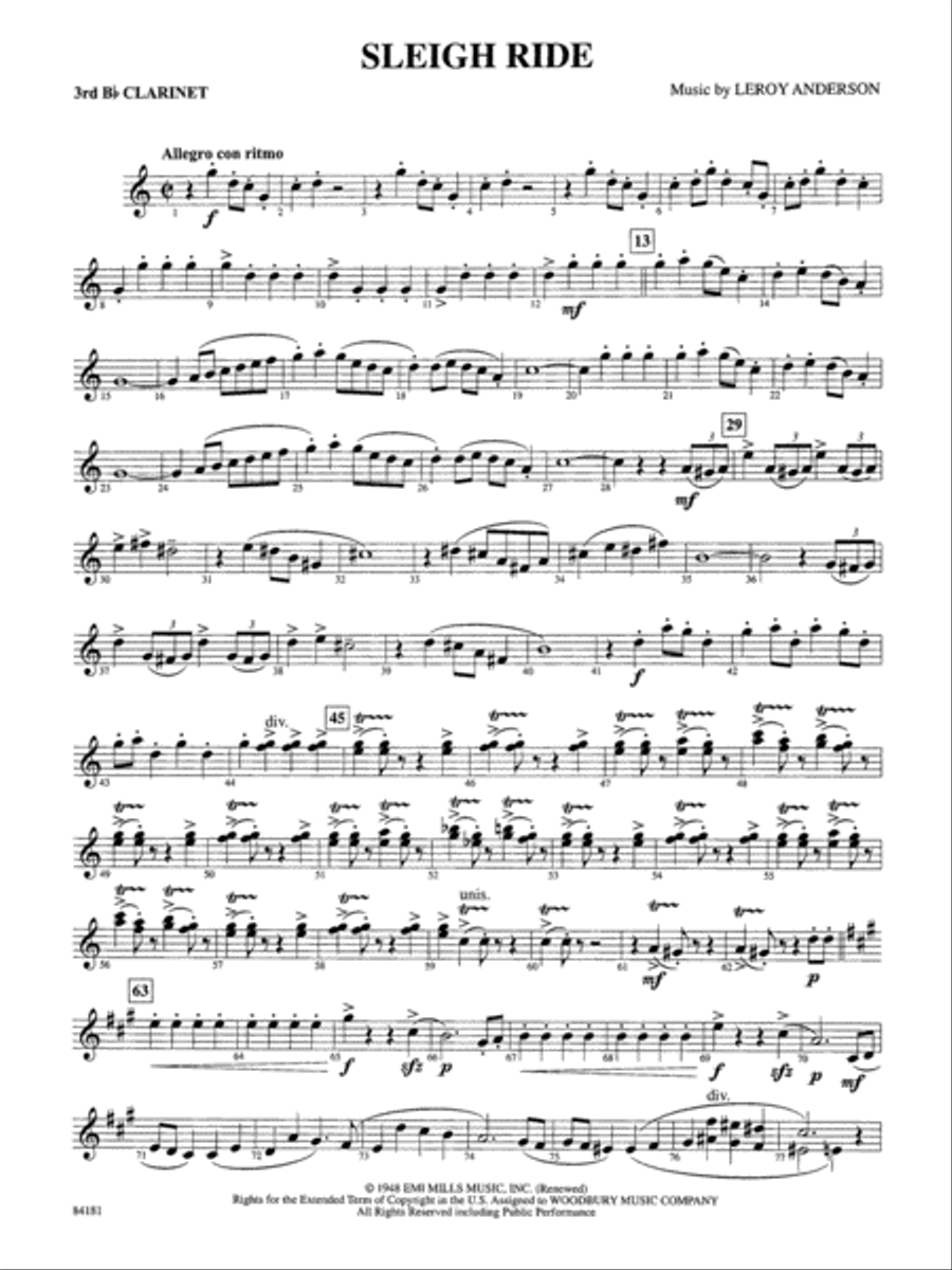 Sleigh Ride: 3rd B-flat Clarinet Concert Band scores gallery preview page 1