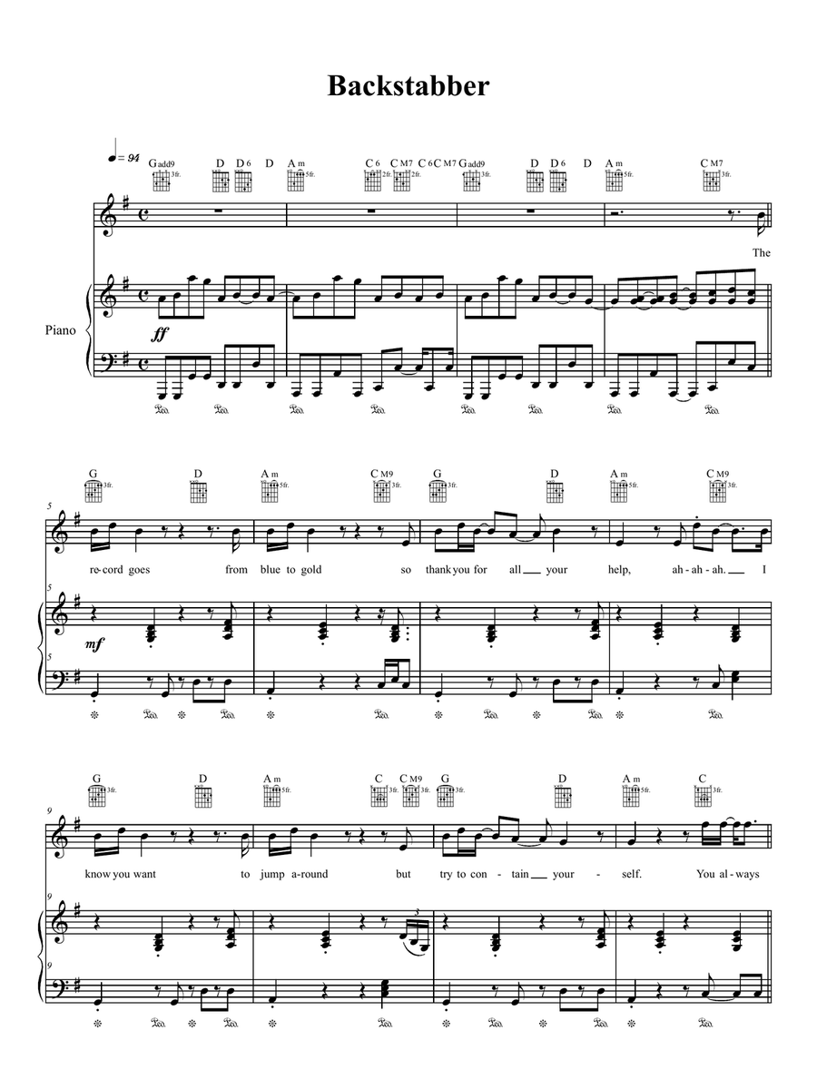 Backstabber Piano, Vocal, Guitar scores gallery preview page 1