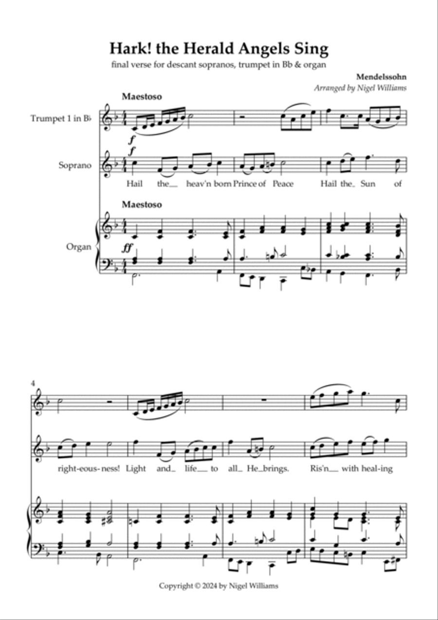 Hark! the Herald Angels Sing, (descant verse with trumpet & organ) Trumpet Duet scores gallery preview page 2