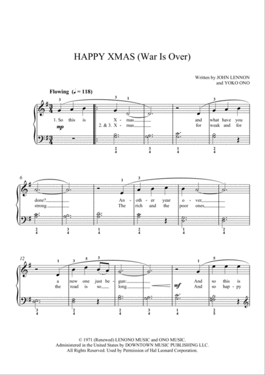 Happy Xmas (War Is Over) Easy Piano scores gallery preview page 2