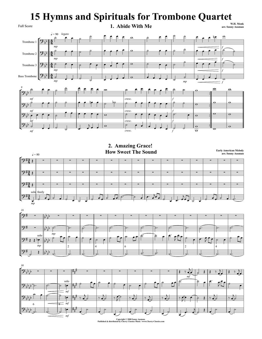 15 Hymns & Spirituals for Trombone Quartet-Bass clef edition Brass Quartet scores gallery preview page 1