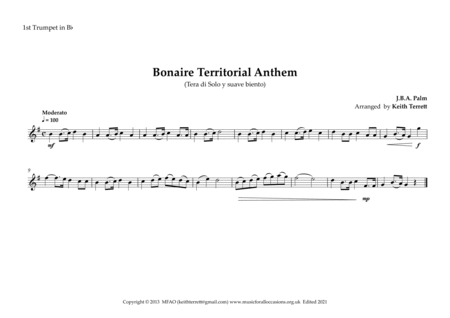 Bonaire Territorlal Anthem (BonaotreTera di Solo y suave biento) for Brass Quintet image number null