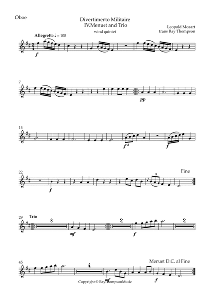 Mozart (Leopold): Divertimento Militaire (Military Divertimento in D) IV Menuet/Trio - wind quintet image number null