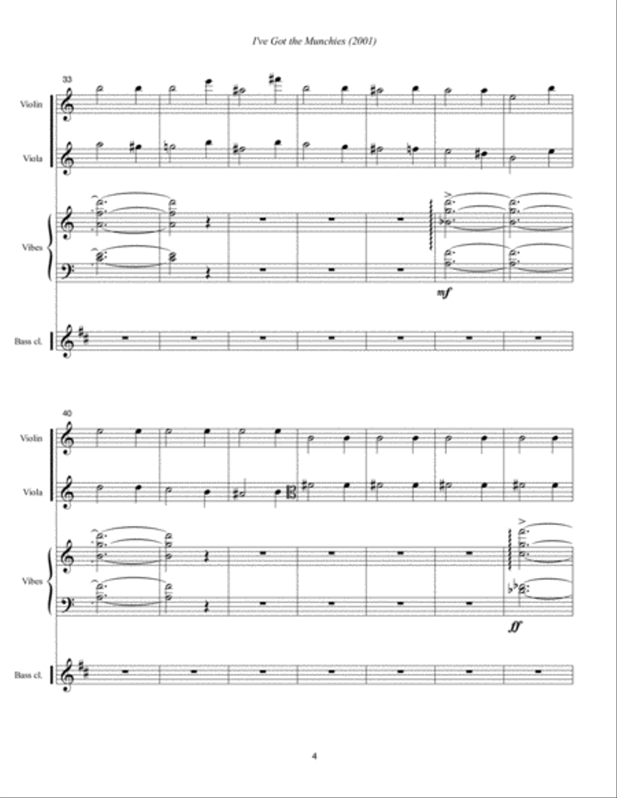 I've Got the Munchies (2001) for violin, viola, bass clarinet in B-flat and vibraphone. Small Ensemble scores gallery preview page 6