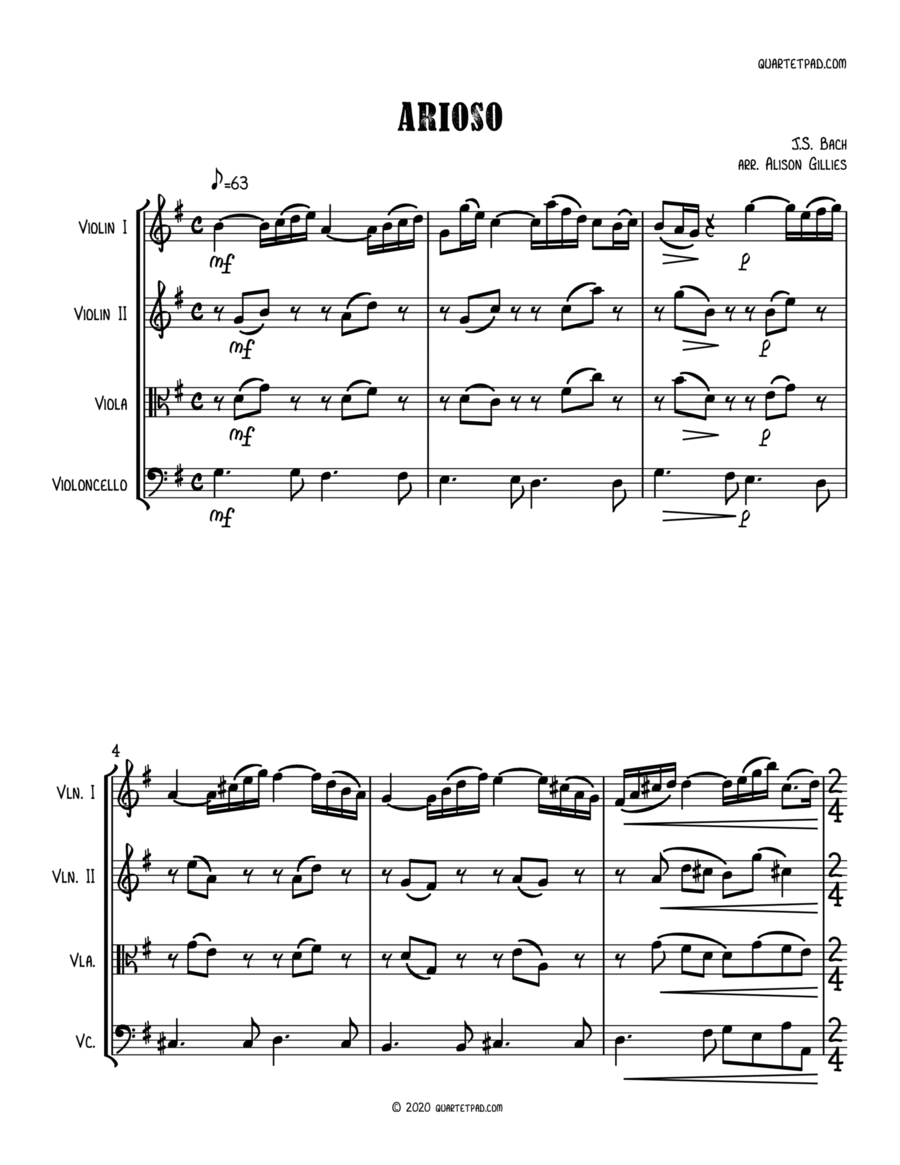 Bach Arioso (BWV 156) - String Quartet String Quartet scores gallery preview page 1