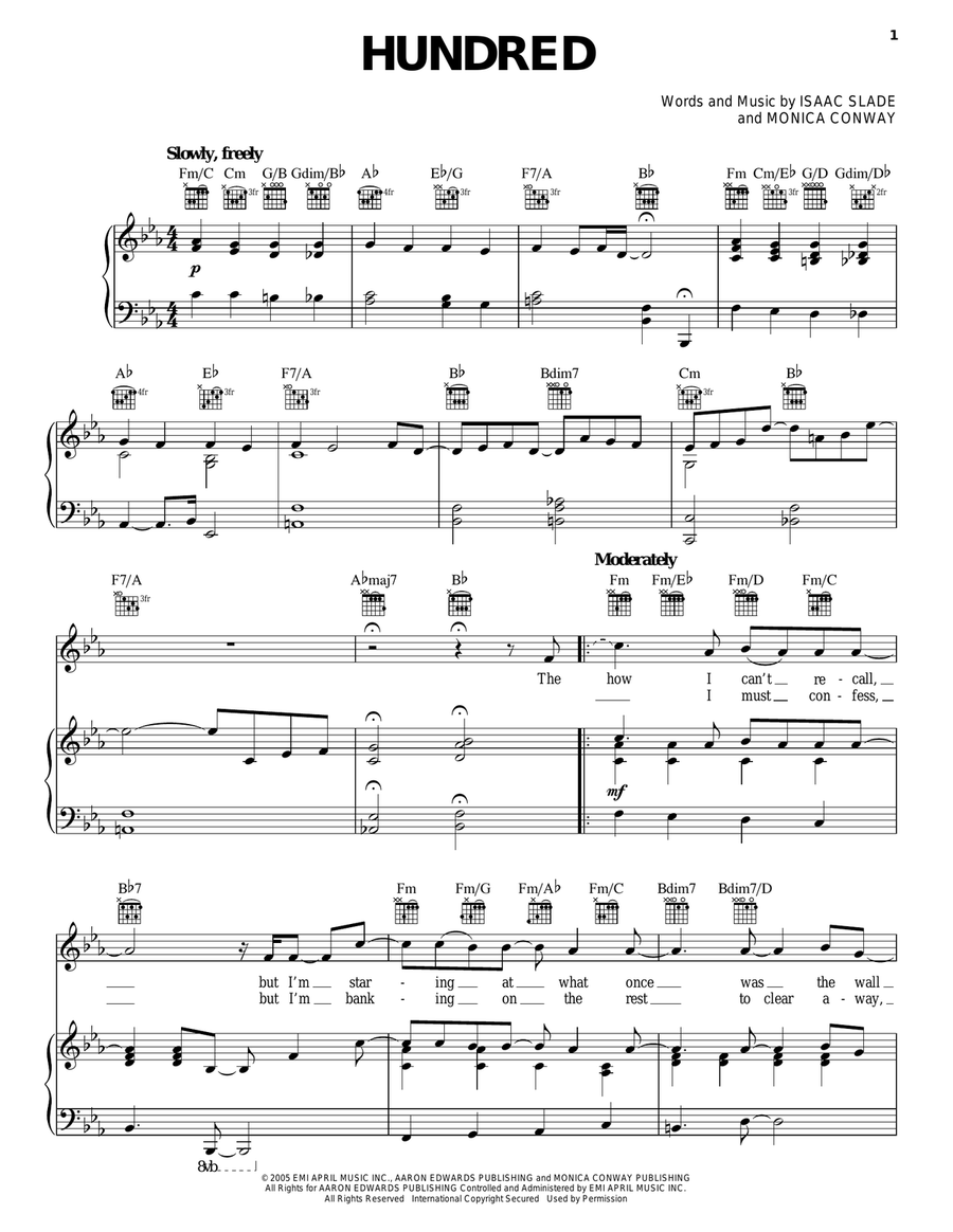 Hundred Piano, Vocal, Guitar scores gallery preview page 1
