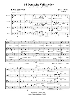 Brahms: 14 Deutsche Volkslieder WoO34 for String Quartet