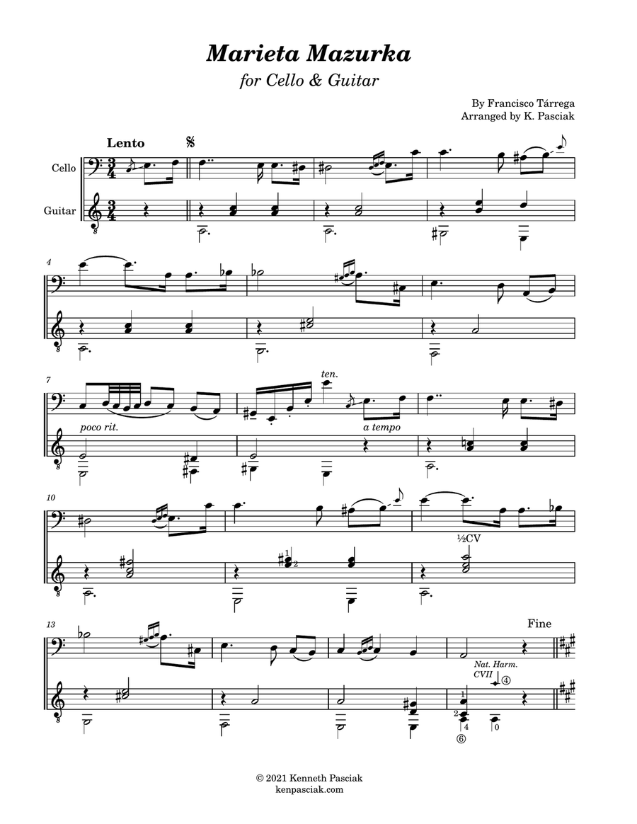 Marieta Mazurka (for Cello and Guitar) String Duet scores gallery preview page 2