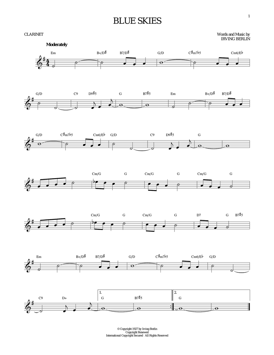 Blue Skies Clarinet Solo scores gallery preview page 1