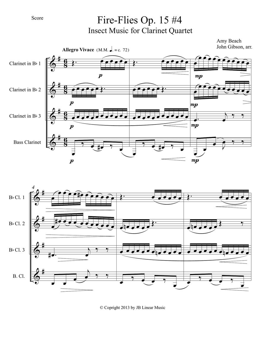 Amy Beach - Fire-Flies set for Clarinet Quartet Clarinet Quartet scores gallery preview page 2