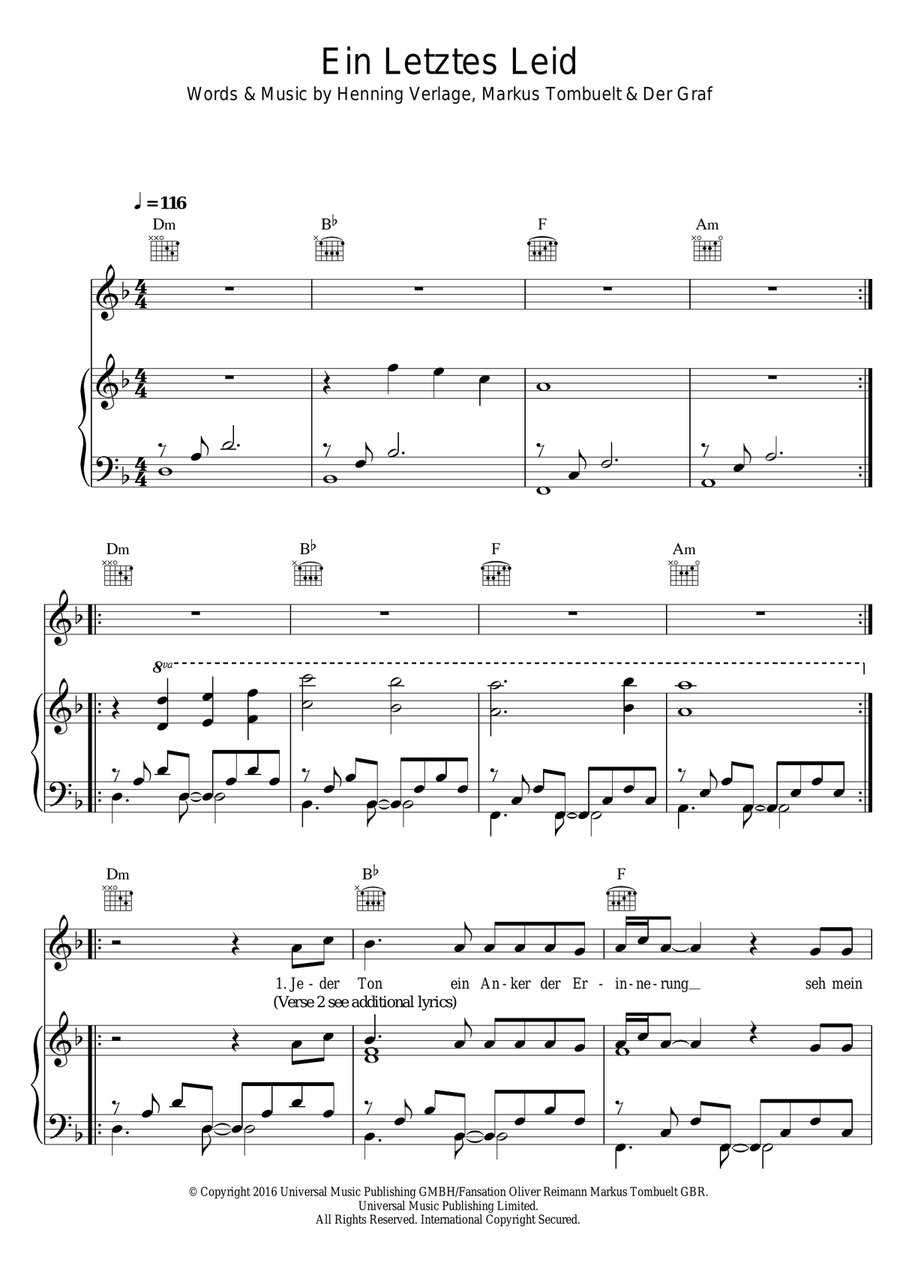 Ein Letztes Lied Piano, Vocal scores gallery preview page 1
