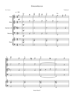 greensleeves woodwind quartet sheet music and piano chord symbols