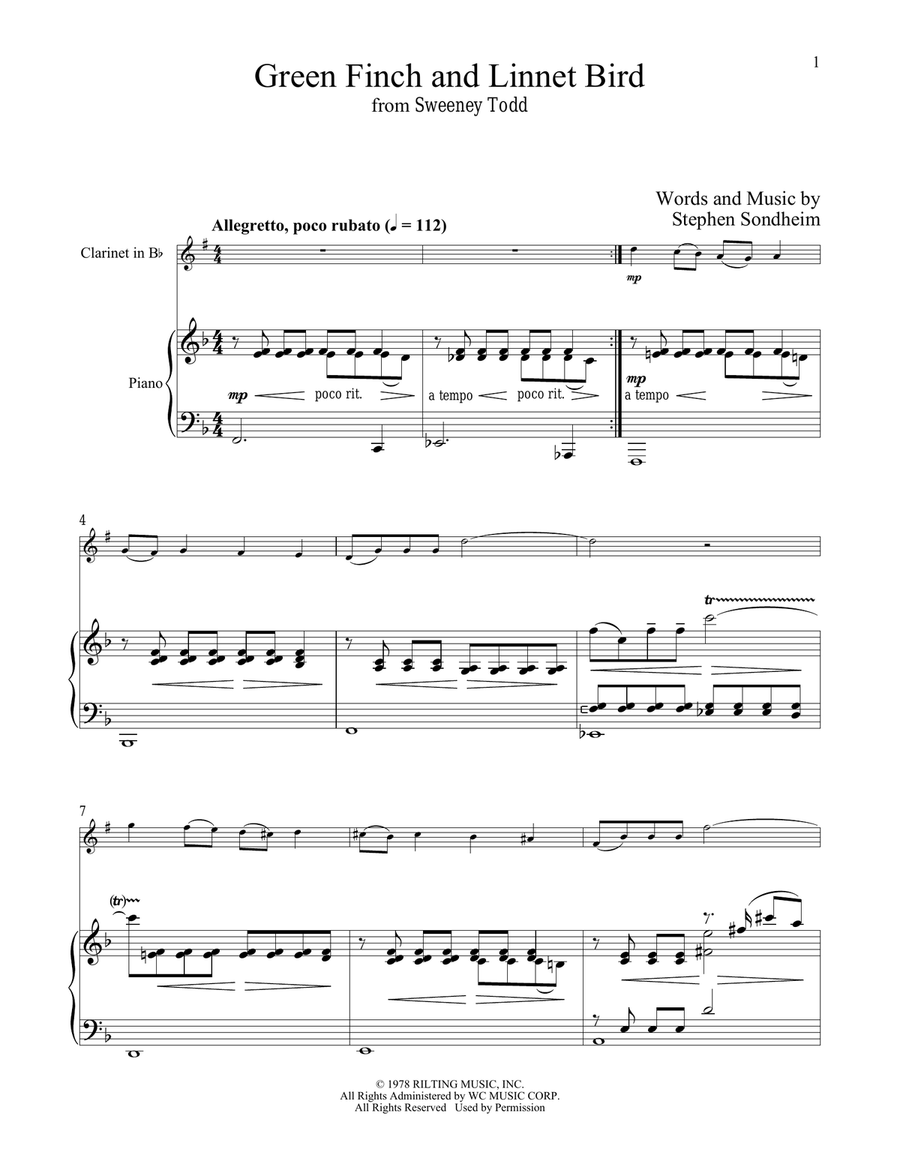 Green Finch And Linnet Bird (from Sweeney Todd) Clarinet Solo scores gallery preview page 1