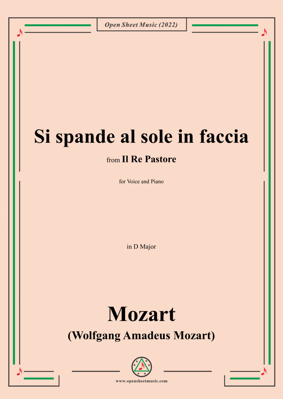 Mozart-Si spande al sole in faccia,in D Major,fromIl rè pastore,for Voice and Piano Voice Solo scores gallery preview page 1