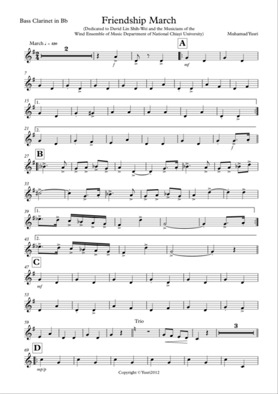 Friendship March (Bass Clarinet Part) Concert Band scores gallery preview page 1