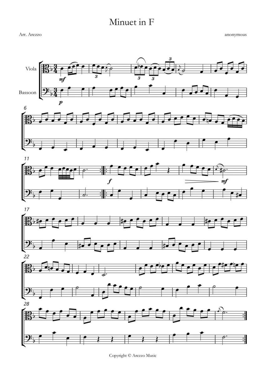 bwv anh 113 minuet in F sheet music Viola and Bassoon image number null