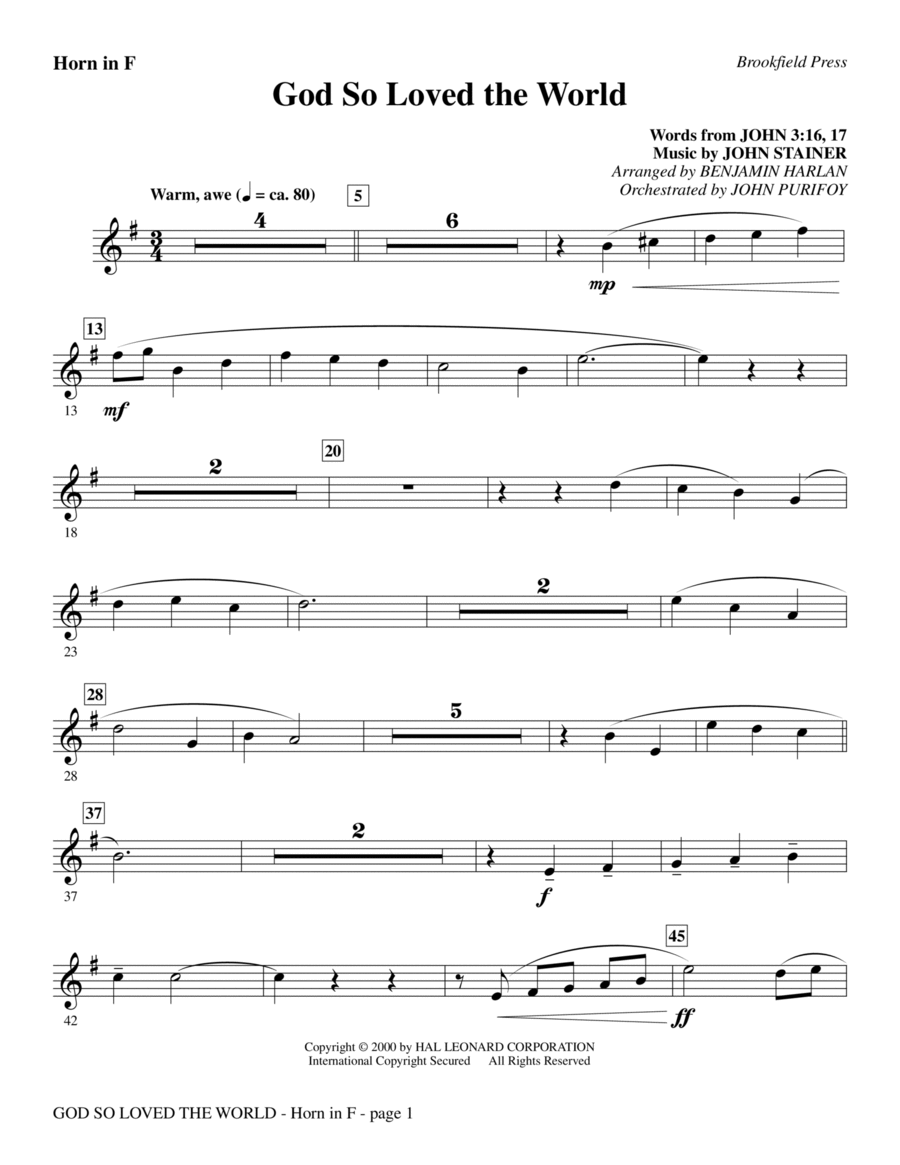 God So Loved The World Chamber Orchestra - F Horn Chamber Orchestra scores gallery preview page 1
